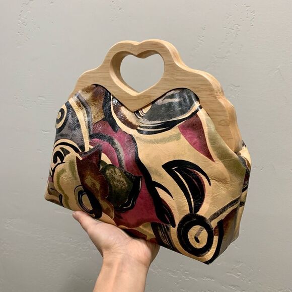 Abstract Print Cowhide Leather Handmade Wooden Frame Bag Includes 2 Strap Styles - Picture 8 of 16